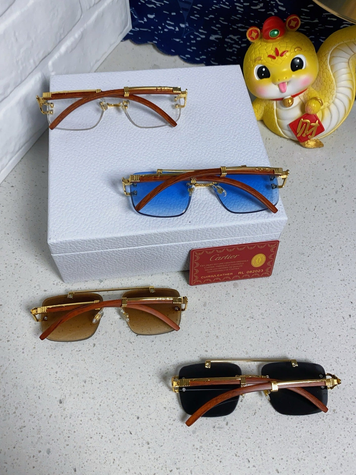 CARTIER C DE SQUARE FRAME SUNGLASSES 522656 IN METAL AND WOODEN