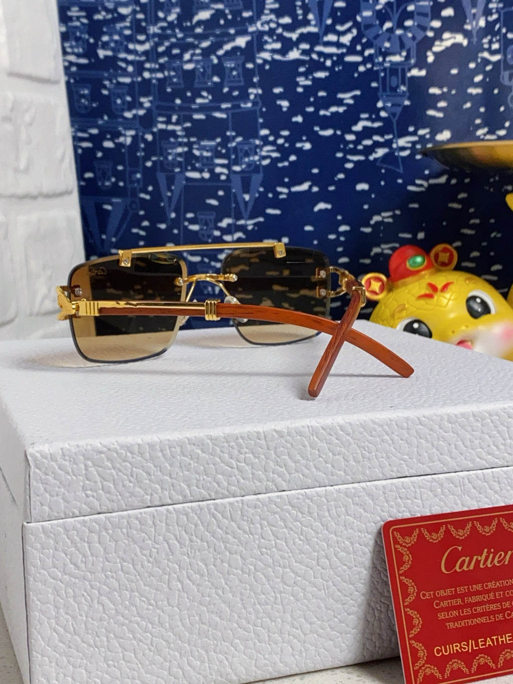CARTIER C DE SQUARE FRAME SUNGLASSES 522656 IN METAL AND WOODEN