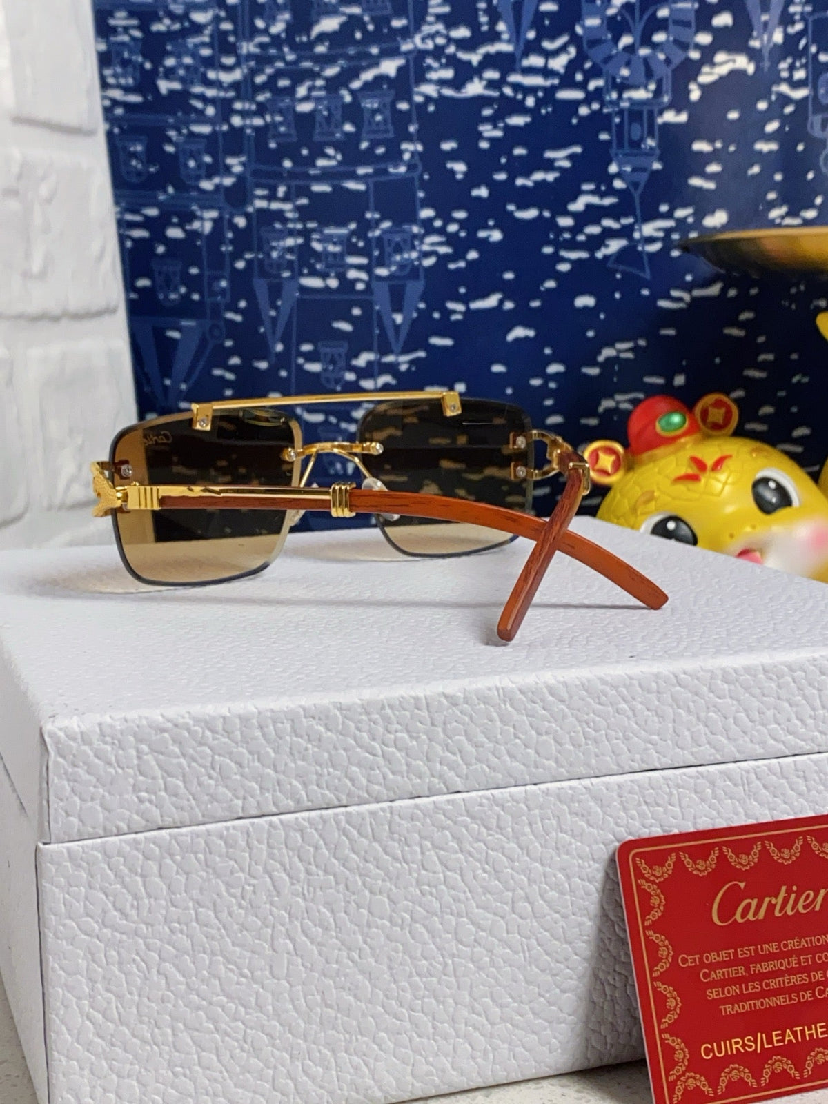 CARTIER C DE SQUARE FRAME SUNGLASSES 522656 IN METAL AND WOODEN